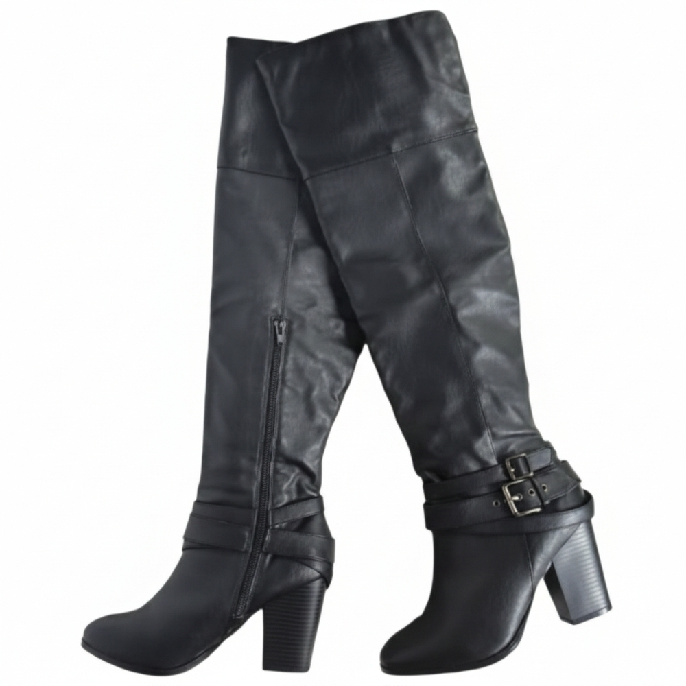 Charlotte Russe Black Over the Knee Boots Block Heel Buckle Faux Leather 9